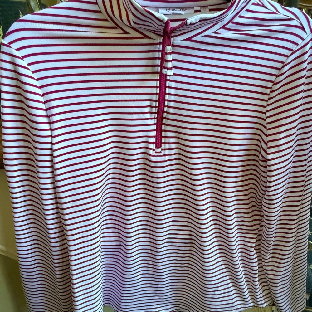 Chico’s Zenery Stretch material 3/4 zip long sleeve top. Size 0 EUC pink /White - Picture 5 of 11